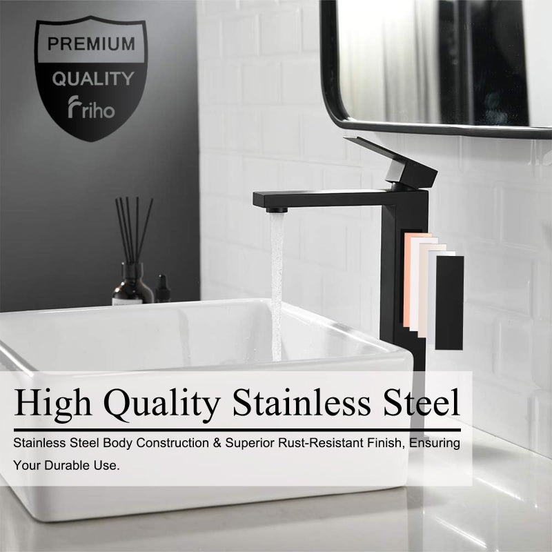 Friho Single Handle Matte Black Tall Bathroom Vessel Sink Faucet, Modern Vanity Basin Mixer Tap Bathroom Sink Faucet with Drain Pop up&Water Hoses, FRDC17914B - Image 4